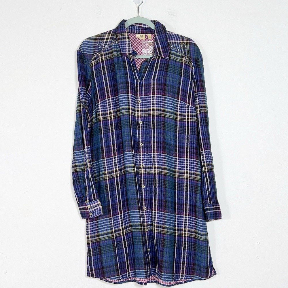 True Craft Beaded Tunic Shirt Dress Sz L Blue‎ Plaid Double Fabric Long Sleeve